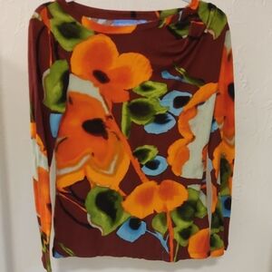 Vera Wang Multicolor Floral Bold Print Long Sleeve Top Soft Stretchy Size PM